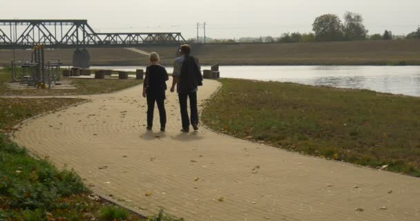 L'homme et la femme marchent sur la route pavée de dalles de pavage dans le parc ils parlent entre eux Retour Vue Nuageux Automne Jour Opole Pologne — Video