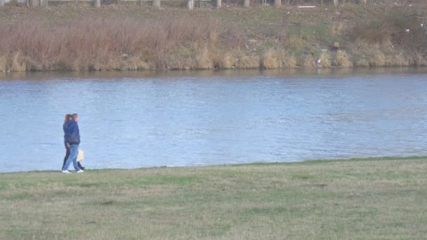 Para mężczyzna i kobieta spacerują po zielonej łące na brzegu rzeki mała rzeka płynie kobieta trzyma białą torebkę słoneczny dzień naprzeciwko banku łagodna zima — Wideo stockowe