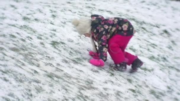Malá dívka s COP je lezení nahoru kopec pod strom stop snímků chůzí sníh na dvoře v zimě budova Frosty dívka v květinami Jacket rukavice — Stock video