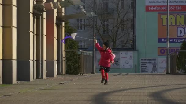 Criança está executando com Kite menina está jogando com uma colorida pipa que é flutuante para o miúdo ao vento é executando paradas Kite cai para baixo ensolarado dia primavera. — Vídeo de Stock