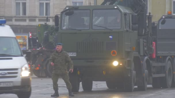 Soldier Commands the Vehicles Opole Atlantic Resolve Operation Poland us Military Collective Security of Nato Multinational Training Peacekeeping Mission — Stock Video