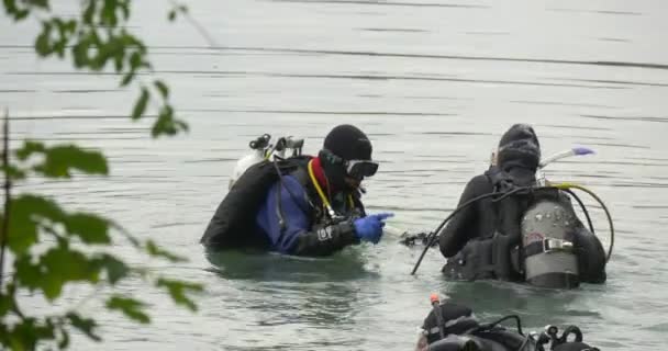 Trzech mężczyzn nurków w strojach kąpielowych stoją w wodzie, Sprawdzanie sprzętu gospodarstwa niebieski Flipper nurków mówimy, przechodząc do nurkowania nurkowanie gotowego — Wideo stockowe