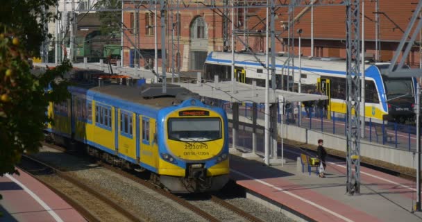 Les gens au Platphorm Deux trains électriques de passagers bleus et jaunes sont debout à la gare Les portes sont ouvertes Les gens entrent et sortent — Video