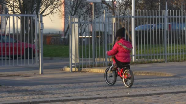 Kind fährt Fahrrad Mann setzt Kind nähert sich Tor Opole Poland Kind reitet Haltestellen Zaun in der Nähe von grünem Rasen geparkte Autos sonniger Tag Frühling — Stockvideo