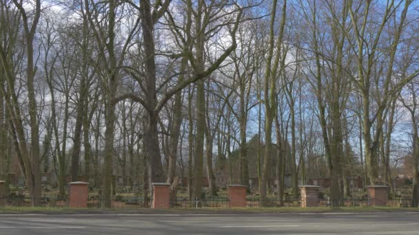 Cyklist bilar nära gamla kyrkogården längs en väg solig dag gravstenar gravar begravning plats bland kala förgrenade träd blå himmel torra löv vintern Opole Polen — Stockvideo