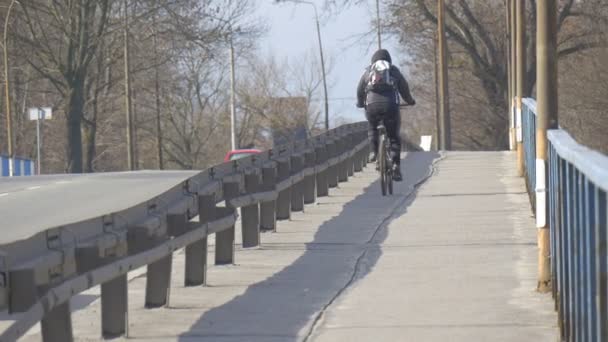Ciclista está montando en una acera a lo largo de la carretera Coches están conduciendo en una carretera en la valla de seguridad del puente de automóviles en los lados de la carretera Durante el día al aire libre — Vídeo de stock