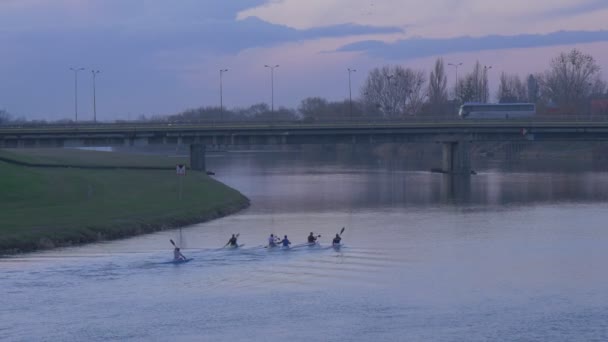 Sportsmen Paddle a Canoes Autocarros em Car Bridge Through River City na margem do rio Glide Do outro lado do rio Green Park Perto da água Dia Nublado Crepúsculo — Vídeo de Stock
