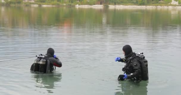 Twee mannen duikers in zwemkleding staan in het water praten het houden van de flippers eindigde de duik bomen reflectie in het water kabbelend water — Stockvideo