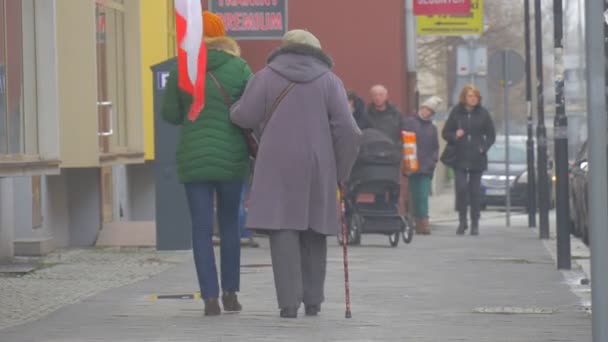 Due donne con bandiera Riunione democratica Opole Polonia Protesta contro le politiche del Presidente Donna anziana con bastone da passeggio Giovane donna con bandiera — Video Stock