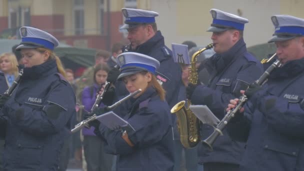 Orchestra Ceremonial Meeting Opole Playing Flutes Oboes Atlantic Resolve Operation the Band is Playing Music People Are Watching Listening at City Square — Stock Video