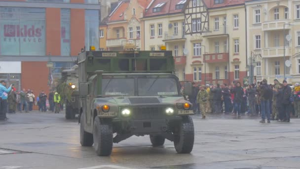 Military Vehicles at the Parade Opole Poland Atlantic Resolve Operation Soldiers on a Turrets of the Panzers People Are Watching at Square Old Buildings — Stock Video