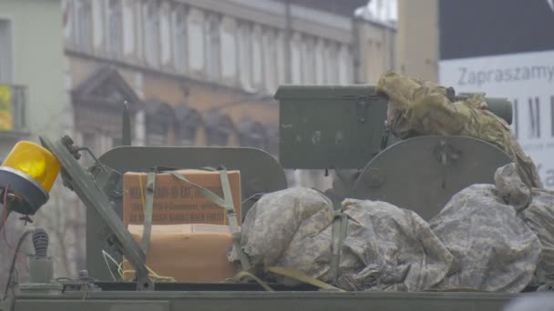 Nato Soldiers in Camouflage Opole Poland Resolve Operation Men on Miltary Vehicles Taking on the Outfit Glasses City Square Old Buildings Cloudy Day — Stock Video