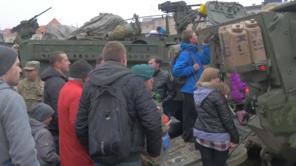 Young People Around Military Vehicles Opole Poland Atlantic Resolve Operation of Nato Military Equipment Weapon Transportation People Are Watching — Stock Video