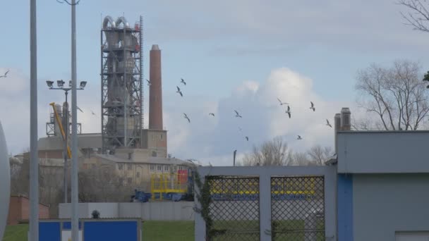 Reservatórios de estações de tratamento de águas residuais Gate Cement Factory Tanques de usinas térmicas Edifícios industriais Poluição ambiental Ramos nus Árvores — Vídeo de Stock