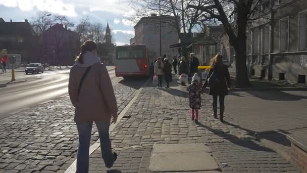 Mãe e filha caminham até a parada de ônibus Cityscape Opole Passageiros estão esperando pelo transporte o ônibus chega ramos nus árvores dia ensolarado no inverno — Vídeo de Stock