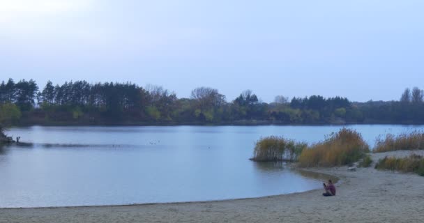 Mann mit Buch am Fluss steht auf geht weg Sandbank Leser in der Abenddämmerung grüne und gelbe Grasrohrbäume wachsen an glattem Wasser im Herbst Abend — Stockvideo