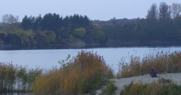 男は、夕暮れの緑と黄色の草杖成長滑らかな水秋湖川砂銀行の風景木シルエット近くバックパック座っているから本を取る — ストック動画