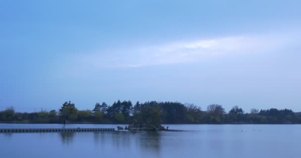 Tourist Gets Back to Backpack on Wooden Pier River Small Island Overgrown With Trees Autumn Landscape Yellow and Green Leaves Dusk River Bank Blue Sky — Stock Video