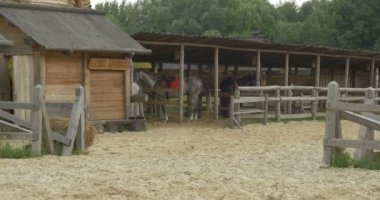 İki at ve aktörler döken, ahşap çit, Sandy stadyumun altında istikrarlı bir