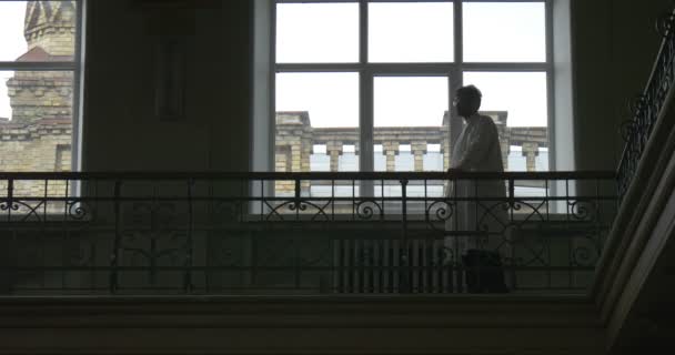 Профессор, химик, биолог, преподаватель стоит в коридоре университета, силуэт, окна на заднем плане, человек смотрит в окно — стоковое видео