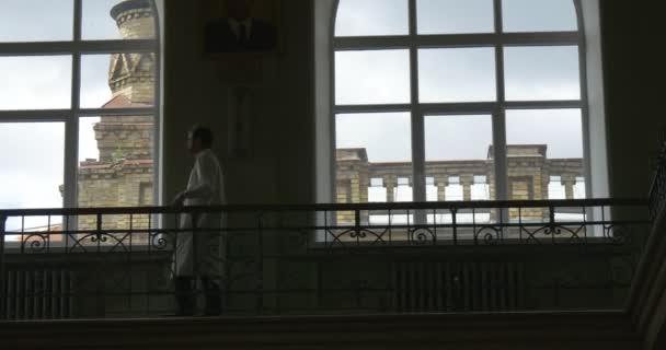 Professor, kemist, biolog, siluett på bakgrund av ljus från fönstret, universitets Auditorium, promenad i korridoren till vänster och bakåt — Stockvideo