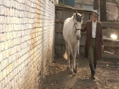 Bir adam beyaz bir at yol açar.