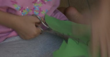 Oink T-Shirt Küçük Kız Onun Önünde Renkli Kağıt ile Katta Oturuyor, Kağıt Yeşil Levha dan Taç Rakam Kesme,Closeup