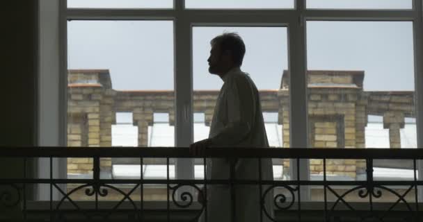 Profesör, eczacı, biyolog, adamın siluet penceresinden, Üniversitesi oditoryum, koridor tarafından yürüyüş bir ışık arka plan üzerinde — Stok video