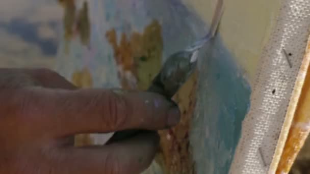 Un artista di mezza età fa un'immagine del mare — Video Stock