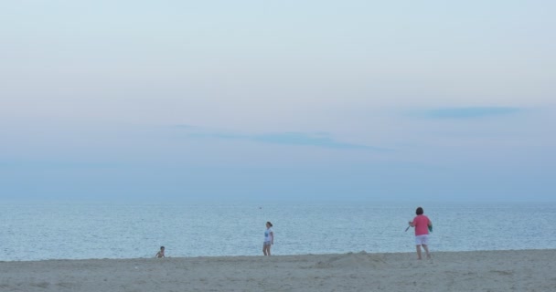 Mensen, Families op The Sea, Sandy Beach, Moms wachten voor hun kinderen, kinderen zijn zwemmen, moeders zijn Holding handdoeken — Stockvideo