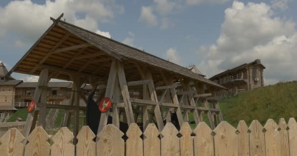 Wooden Fence and Structures in Ancient City, Reconstruction, Museum at the Open Air — Stockvideo