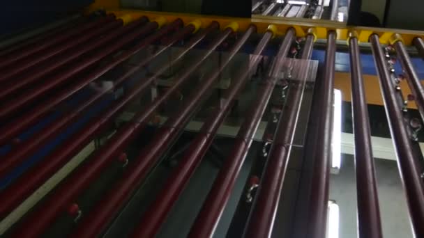 Sheet of Glass is Moving to The Oven, To the Machine, Glass Tempering Machine, Strong Heating in the Oven and Rapid Cooling — Stock Video