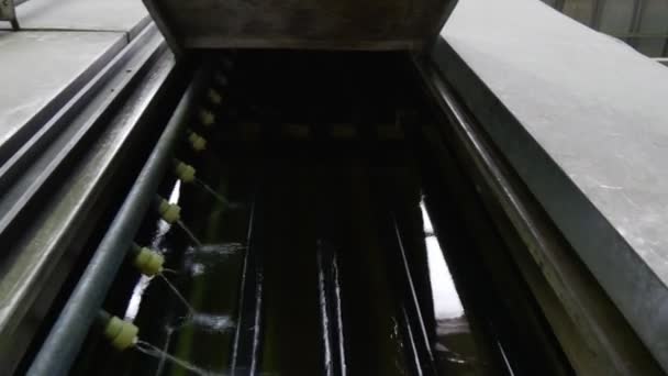 Arbeiter öffnet die Kappe der Maschine zum Fasen, Wasserstrahlen, Fasen und Glaskantenschleifen, Glas nach dem Schleifen — Stockvideo