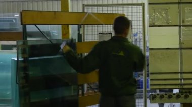 Fabrika Üniformalı İşçi Büfeden Cam Sayfalar alıyor ve Cam Çarşafları Makineye Yüklüyor