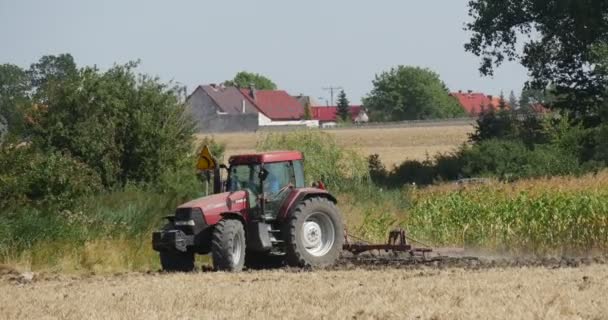 Az ember a traktor vezetése a mező Plow a plowing a talaj házak és autók a Horizon, növények a pályán a háttérben Blue Sky — Stock videók