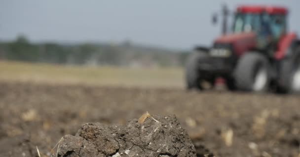 Suddig traktor plowing fältet marken förarens Silhouette traktor passerar genom kamera träd på en horisont väg med gatubelysning på en Horisont — Stockvideo