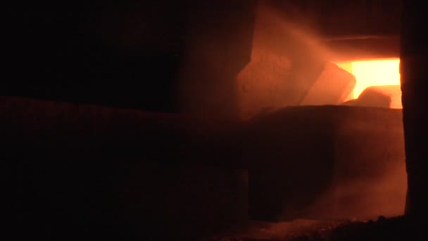 Big Machine Shovel is Loading the Ore into Blast Furnace Orange Light of Furnace — Stock Video