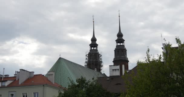 Towers of Cathedral with Crosses Distantly behind the City Houses Roofs Scaffold around Towers of Cathedral Church — Stock Video