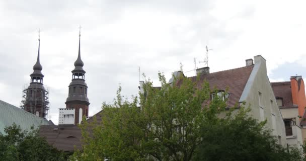 Torens van de kathedraal met passeert Distantly achter de stad huizen rode daken steiger rond torens van Kathedraal kerk — Stockvideo