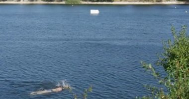 Yüzücü adam Lake Nehri su birikintisi Bouy su mavi su gökyüzü yansıma dalgalanan su esinti yeşil ağaçlar çalılar gölet Sandy bankaların içinde yüzüyor