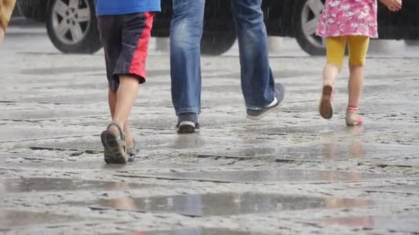 Férfi és nő, három gyerek futtassa az eső, esernyők nedves úton épületek autók zápor nyári nap nélkül Opolskie Lengyelország vissza nézetben-lassított — Stock videók