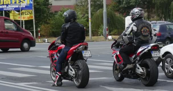 Dos motociclistas en cascos de motocicleta en las bicicletas deportivas esperan en el paso de peatones Mujer en la bicicleta se mueve en el paso de peatones Diferentes vehículos pasan por carretera pavimentada — Vídeos de Stock