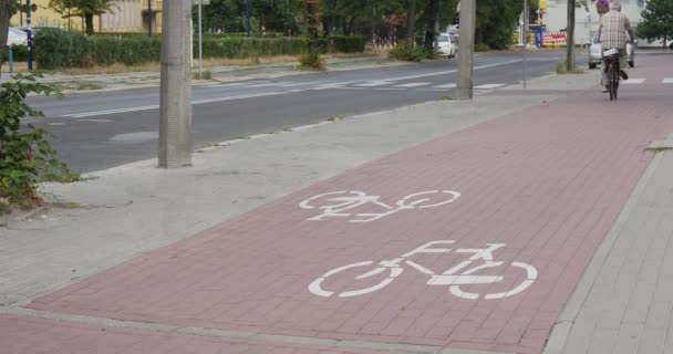 老人骑着自行车去循环路黑标致白色宝马暗灰色土地 Rover 车由铺平的道路停放银车街 — 图库视频影像