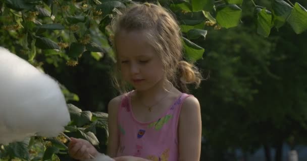 Una niña está comiendo un caramelo de algodón con placer a veces coqueta se aleja de la cámara — Vídeos de Stock