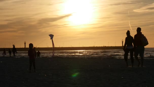 Kid flyger Draken människor familjer silhuetter går på stranden piren barnen spelar folk flyger drakar International kite festival Polen — Stockvideo