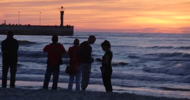 Ομάδα ανθρώπων ζευγάρια νέοι άνθρωποι στέκονται στη θάλασσα στην παραλία ακτογραμμή κοιτάζοντας το κινούμενο πλοίο κύματα προβλήτα Sunset βραδινή ύπαιθρος ουρανός — Αρχείο Βίντεο