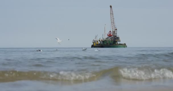 海の夏の日にダムグローン建設工事の土壌創造の海上アグラードでクレーンで水割りに海の波カモメ — ストック動画