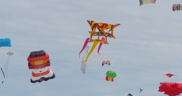 Drachendrachen und Leuchtturm-Luftschwimmer fliegen in der Luft auf dem internationalen Drachenfest in leba, Polendrachen fliegen am Himmel. — Stockvideo