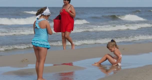 Dzieci bawią się piaskiem na plaży podczas międzynarodowego festiwalu latawców w Lebie, Polska — Wideo stockowe