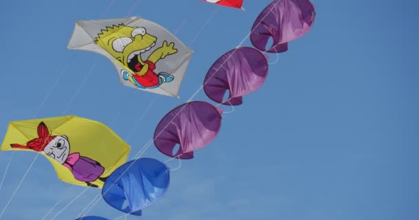 Os kites diferentes dos heróis dos desenhos animados estão voando no sol no festival internacional do kite em Leba, Polônia . — Vídeo de Stock